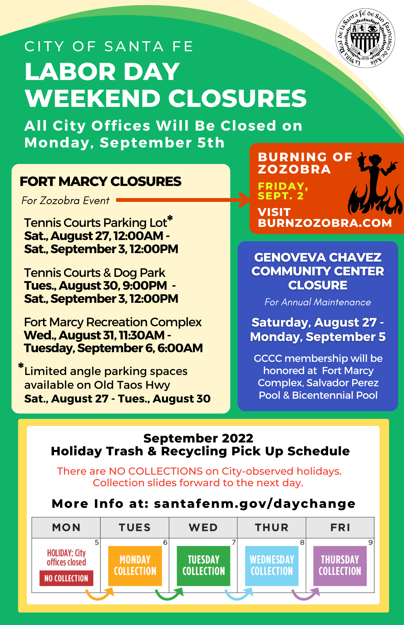 Upcoming Facility Closures for Zozobra and Labor Day; GCCC Annual