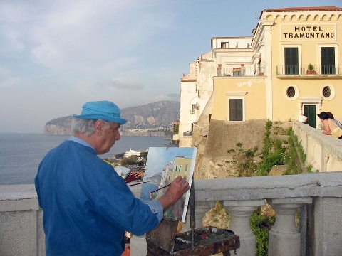 Domenico Fiorentino painting the Hotel Tramontano, which has hosted many artists and writers over the centuries.