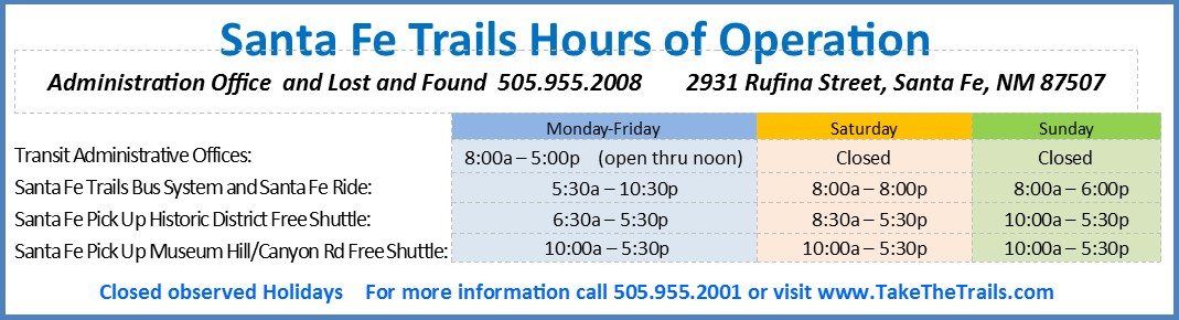 Hours of Operation / Holiday Schedule | City of Santa Fe ...