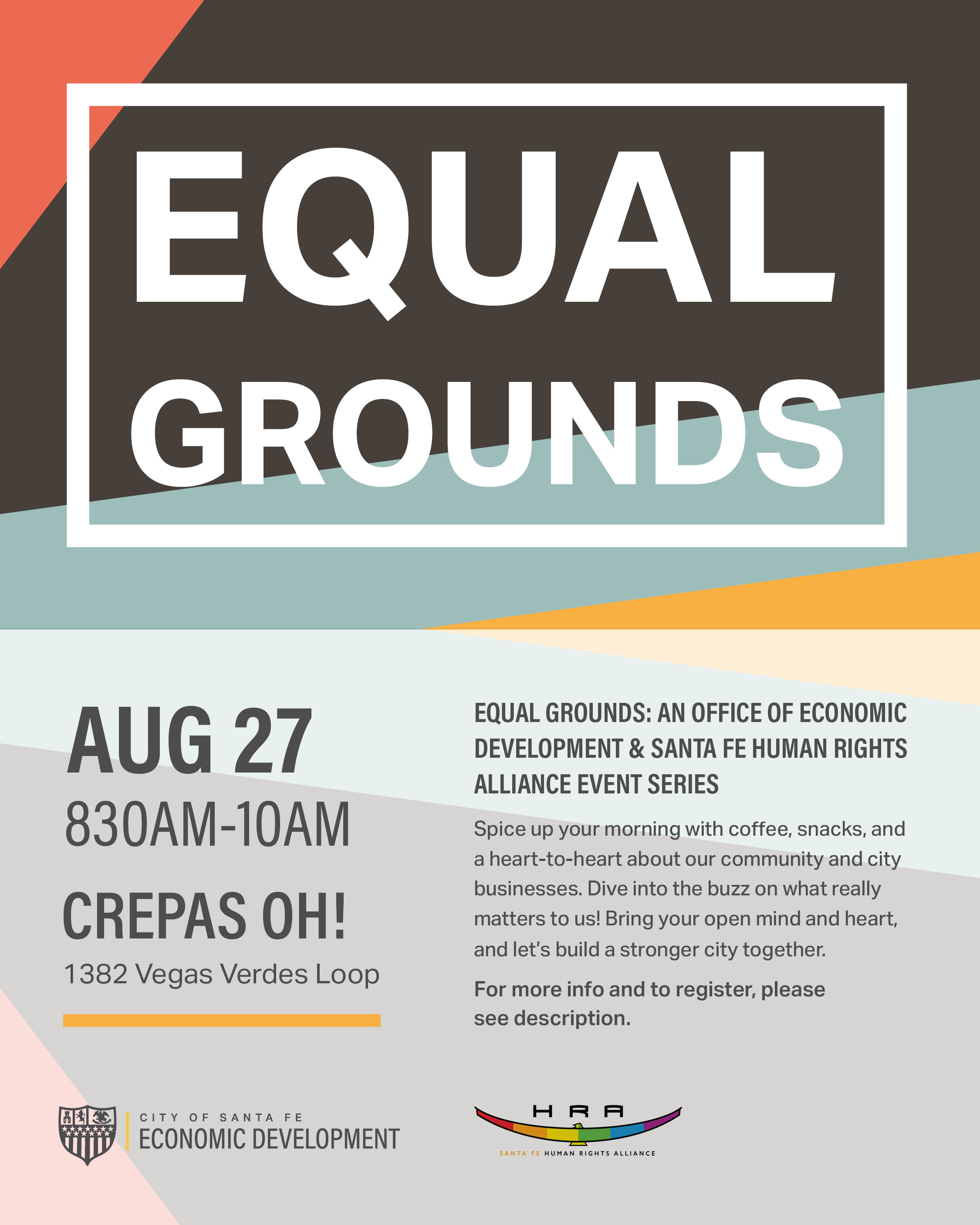 A flyer for the City of Santa Fe's Equal Grounds Event from August 2025