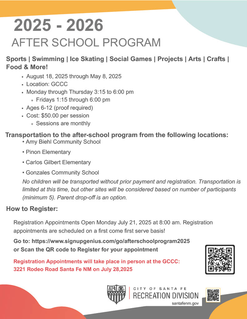 An afterschool program flyer for 2025 from the City of Santa Fe Recreation