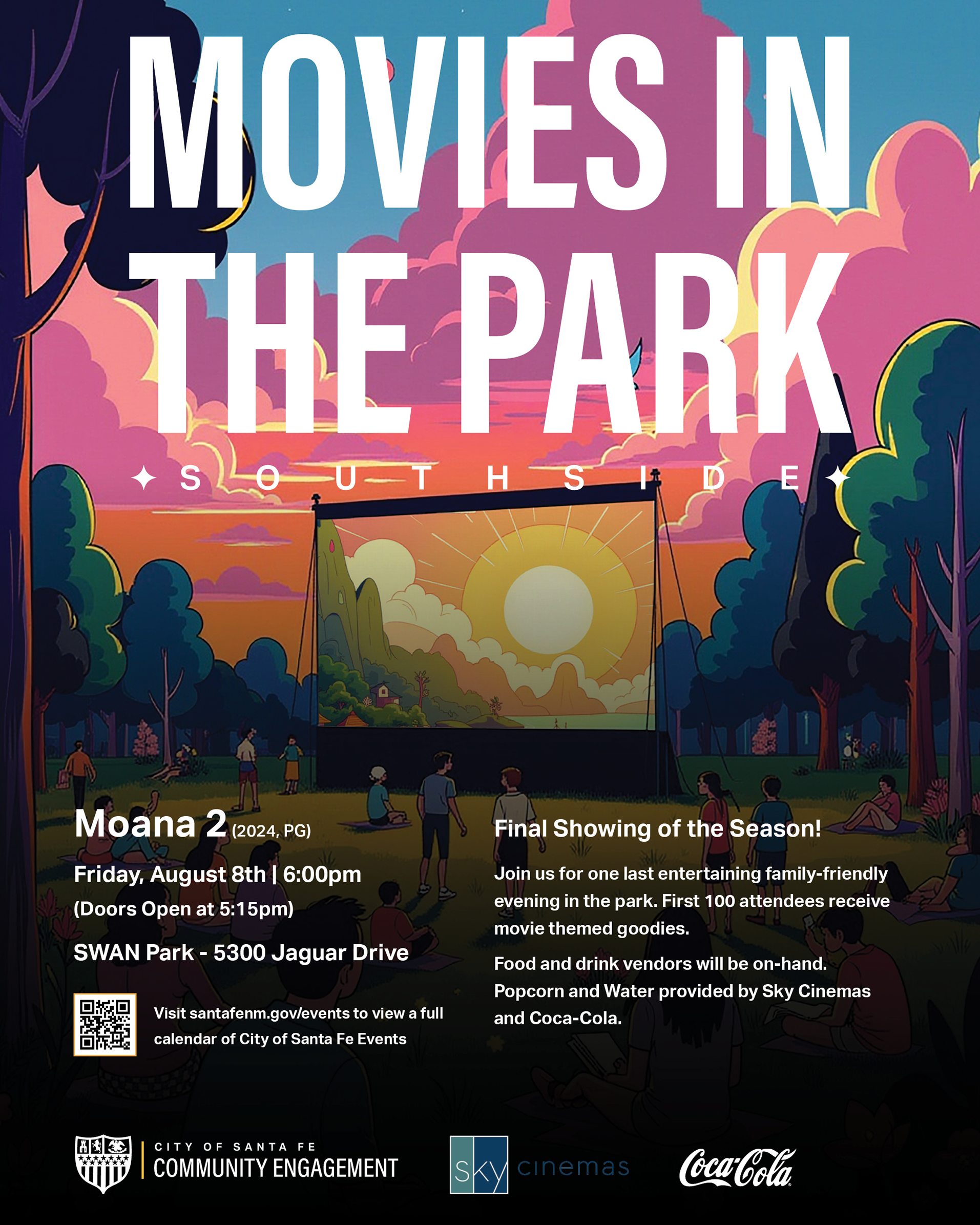 A flyer for the movies in the park event hosted by the city of Santa Fe on August 8, 2025